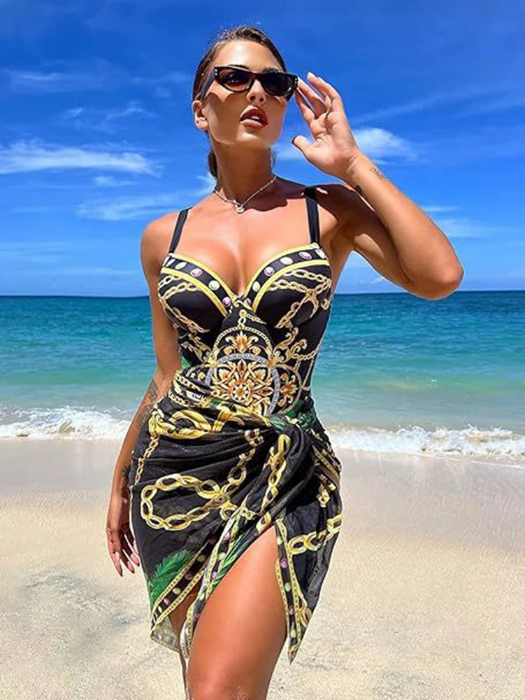 Underwire Women Sexy Swimsuit 2 Piece Swimwear Slim Monokini Chains Print Push Up Bikini Black Blue Green Beachwear Light luxury Good Vibrations