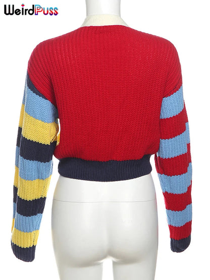 Weird Puss Y2K Cardigan Sweater Women Letter Print Casual Wild V-Neck Button Colorful Patchwork Street Trend Hipster Knit Coat Good Vibrations
