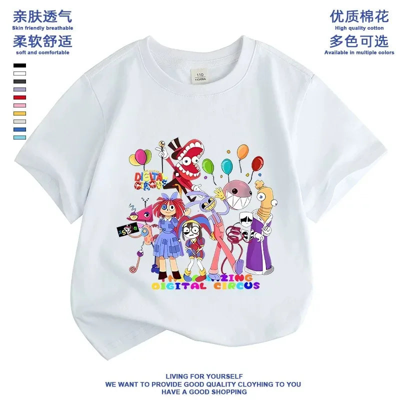 2026 Pure cotton boys and girls' short-sleeved T-shirt summer children's clothing cartoon magic digital circus children's top Good Vibrations