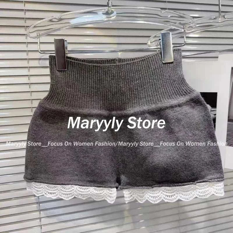 2024 grey knitted high waist shorts with lace trim for women