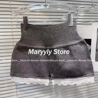2024 Autumn Casual Slim Knitted Sport Suits Women Hot Girl Lace V Neck Cardigan + Sexy High Waist Shorts Solid 2 Piece Set New GOOD Vibrations