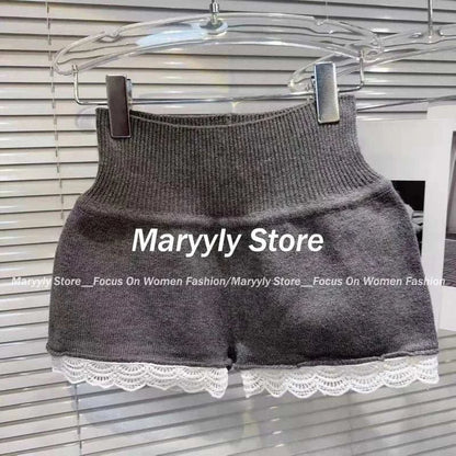2024 grey knitted high waist shorts with lace trim for women