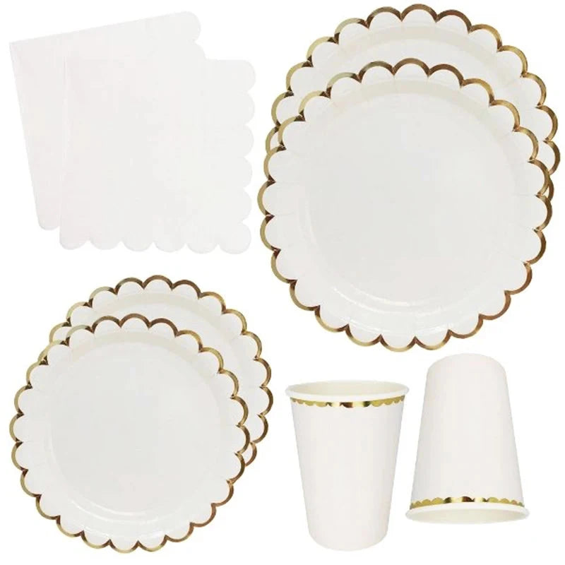 White Disposable Tableware Set Party Gold Paper Plate Wedding Necessitie Birthday Party Baby Shower Decorations Wedding Supplies Good Vibrations