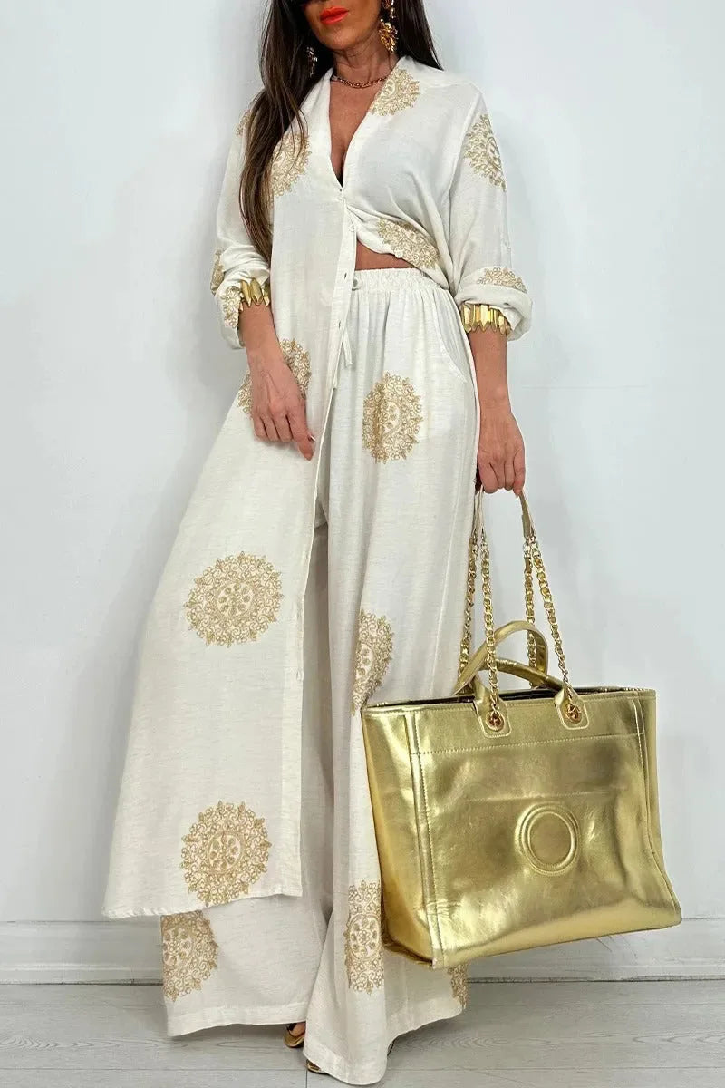 Robe Outfit Vintage Bohemia Loose Long Printed Robe Set Casual Button Shirt Blouses Wide Legs Pants Oversized Two-piece Outfit Good Vibrations