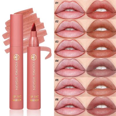 Lip Tint Pen, 6 Colors Available, Matte Water Lipstick, Non-Stick Cup, Long-Lasting, Smooth Lip Liner and Lip Stain Combo