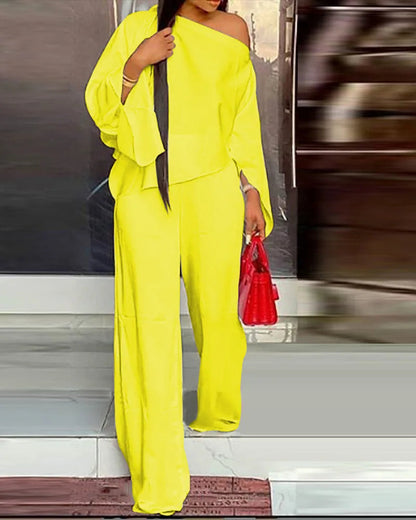 Women's Wide Leg Pants Two Piece Set Fashion Off Shoulder Shirt And Pants Sets Autumn Winter Casual Loose Solid Suit Good Vibrations