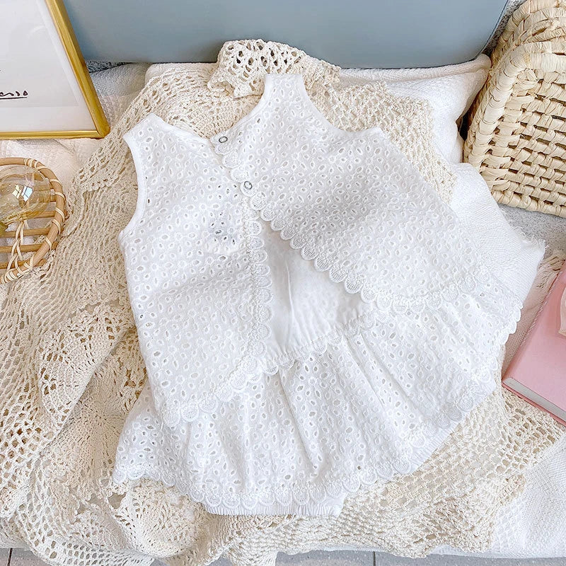 Girls 2024 Summer Clothing Sets Hollow Lace Suit Baby Casual Sleeveless T-shirt+Shorts Kids Clothing Sets Baby Clothes Outfits Good Vibrations