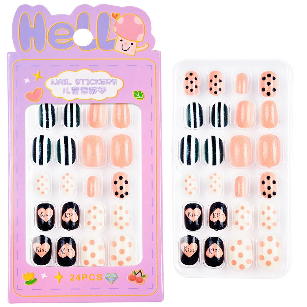 24Pcs/box Kids nails for Girl Cartoon Pattern False Nail Cute Child Fake Nails Tips Kawaii Acrylic Artificial Press on Nail+Tool Good Vibrations