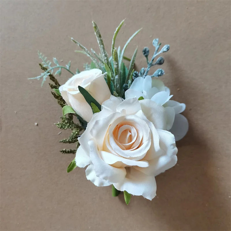 Boutonnieres Flowers Artificial White Roses Silk Ivory Corsage Buttonhole Groomsmen Boutonniere for Men Wedding Accessories Good Vibrations