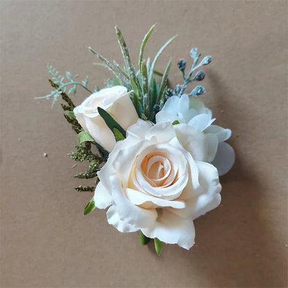 Boutonnieres Flowers Artificial White Roses Silk Ivory Corsage Buttonhole Groomsmen Boutonniere for Men Wedding Accessories Good Vibrations