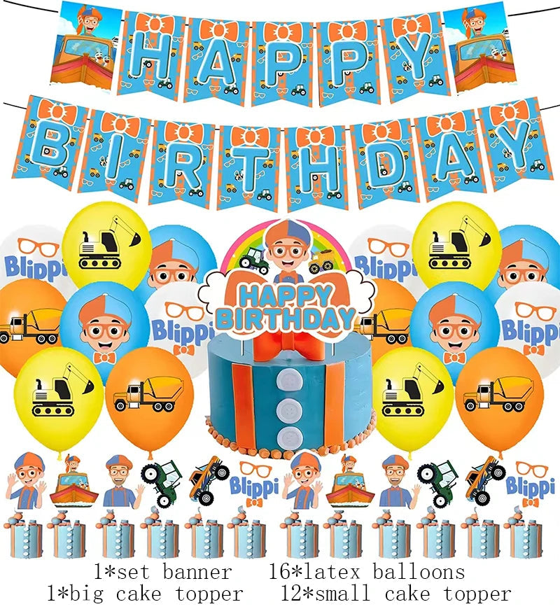 New Blippiing Birthday Party Decoration Foil Balloon Backdrop Banner Cake Topper Baby Birthday Party Supplies Good Vibrations
