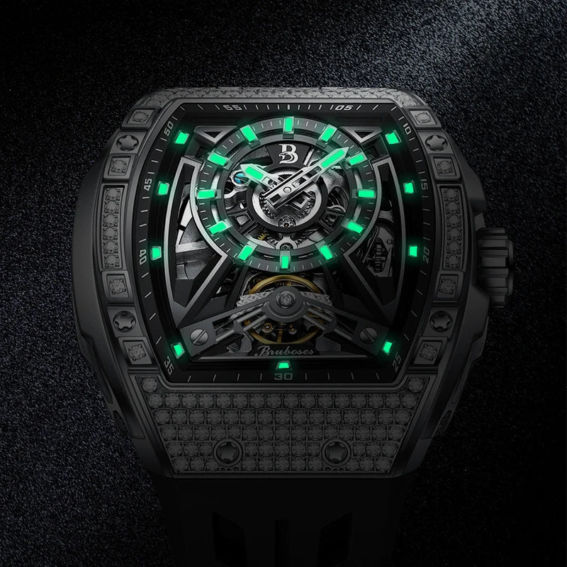 Men Mechanical Winding Watch Montre Homme 2024 New BRUBOSES 5ATM Water Resistant Luminous Tonneau Quartz Wristwatch WIth Diamond Good Vibrations