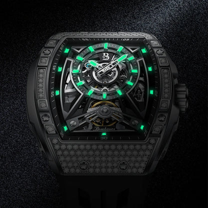 Men Mechanical Winding Watch Montre Homme 2024 New BRUBOSES 5ATM Water Resistant Luminous Tonneau Quartz Wristwatch WIth Diamond Good Vibrations