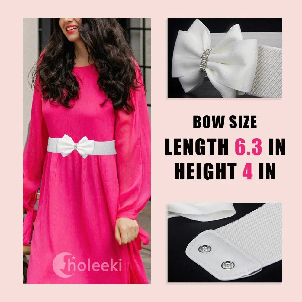 Women's Elastic Bow Belt Wide Rhinestone Stretch Belts Ladies Waist Accessories for Dress Jeans Good Vibrations