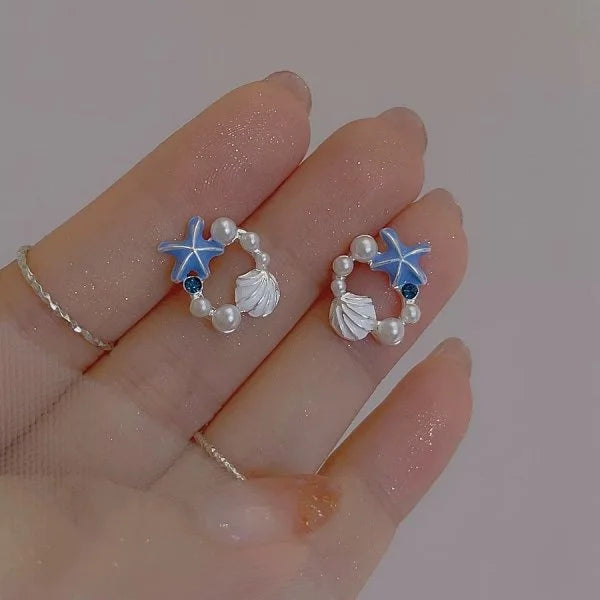 Fashion Asymmetric Ocean Style Earrings Stud  For Women Starfish Shell Earring Ear Ring Imitation Pearl Zircon Jewelry Gift Good Vibrations