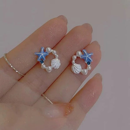 Fashion Asymmetric Ocean Style Earrings Stud  For Women Starfish Shell Earring Ear Ring Imitation Pearl Zircon Jewelry Gift Good Vibrations