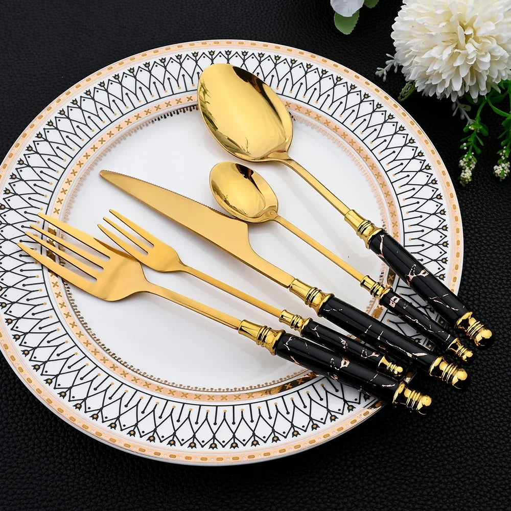24Pcs Cutlery Set Stainless Steel Dinnerware Kitchen Fork Knife Tea Spoon Tableware Set Flatware Set Gold Silverware Set Good Vibrations