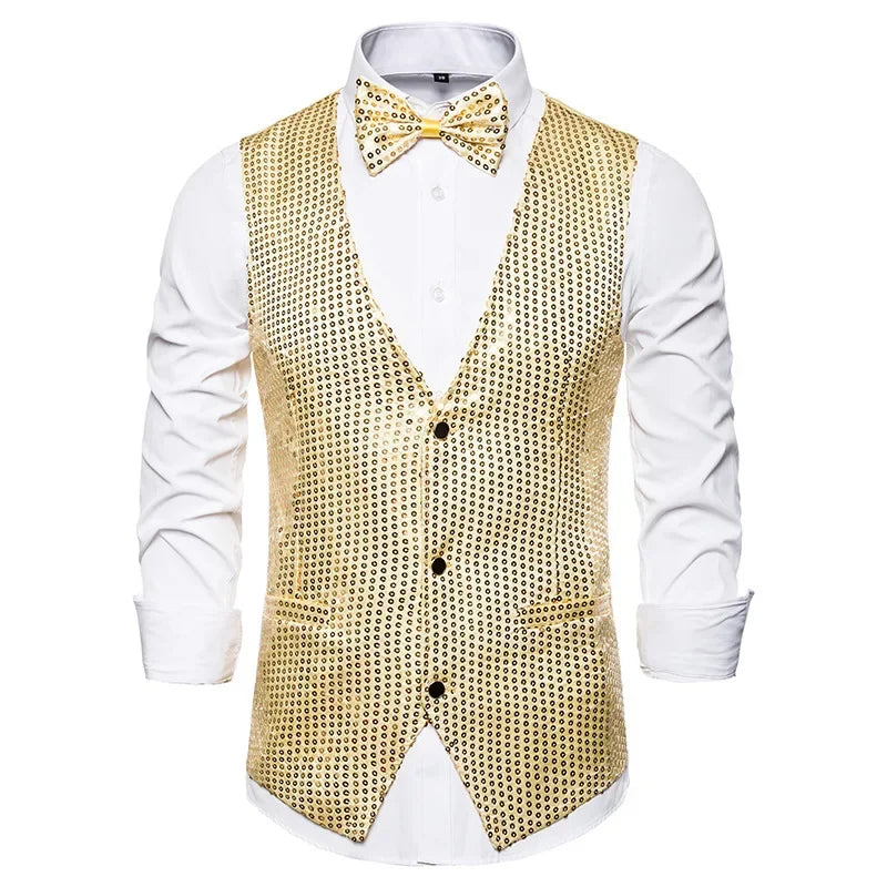 Gold Men's Sequin Vest Jacket, Single-breasted V-neck Sleeveless Vests Coat, Wedding Party Waistcoat Silver Blue Purple Red Tops