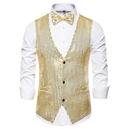 Gold Men's Sequin Vest Jacket, Single-breasted V-neck Sleeveless Vests Coat, Wedding Party Waistcoat Silver Blue Purple Red Tops