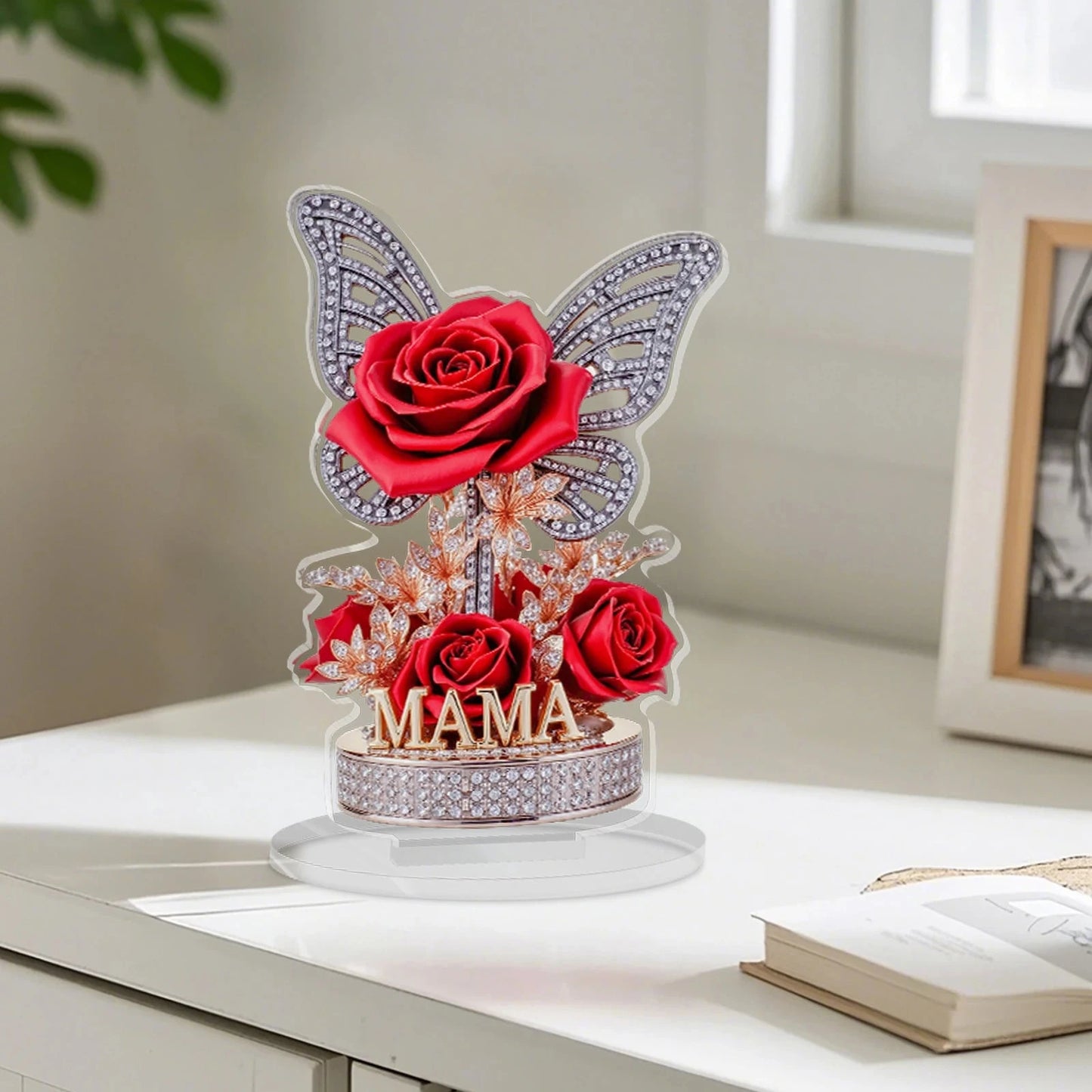 A gift for mom: An eternal souvenir, an acrylic display stand decorated with roses and butterflies. A beautiful gift Good Vibrations