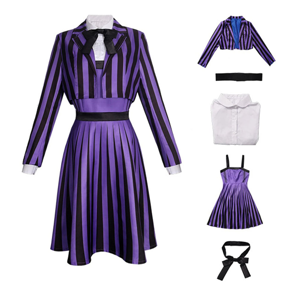 Women School Uniform Cosplay Costume Party Dresses Purple Striped Uniforms Coat+Dress For Girls Halloween Carnival Suit Good Vibrations