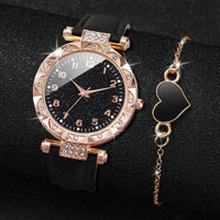 2PCS/Set Fashion Rhinestone Women's Quartz Watch Analog PU Leather Band Wrist Watches Heart Bracelet Good Vibrations