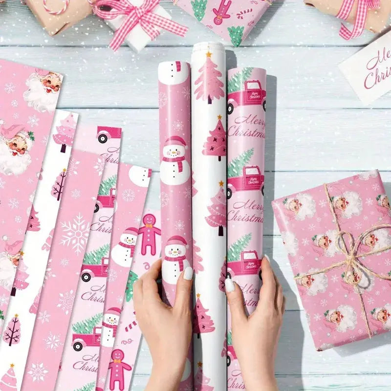 1set Christmas Gift Wrapping Paper with Snowmen, Gingerbread Men,Hearts & Balloons - Pastel Winter Theme with & White Snowflakes Good Vibrations