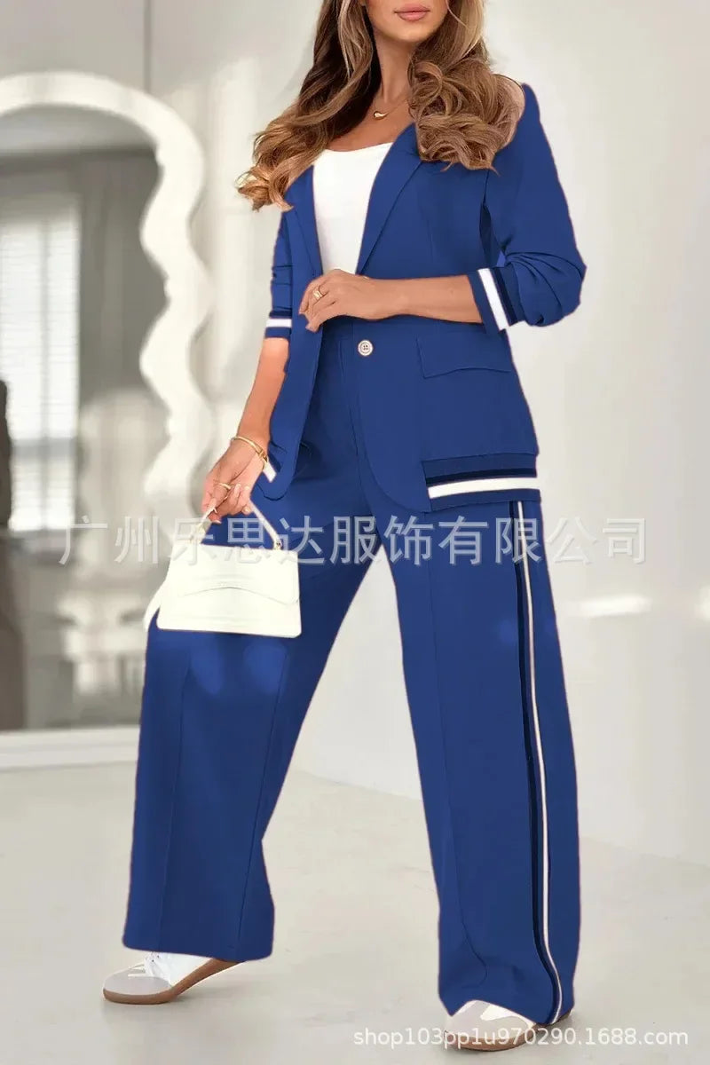 Women Suit Jacket 2 Piece Sets Striped Blazer Coat Turn Down Collar Single Breasted Wide Leg Pants Ensemble Office Lady Outfits Good Vibrations