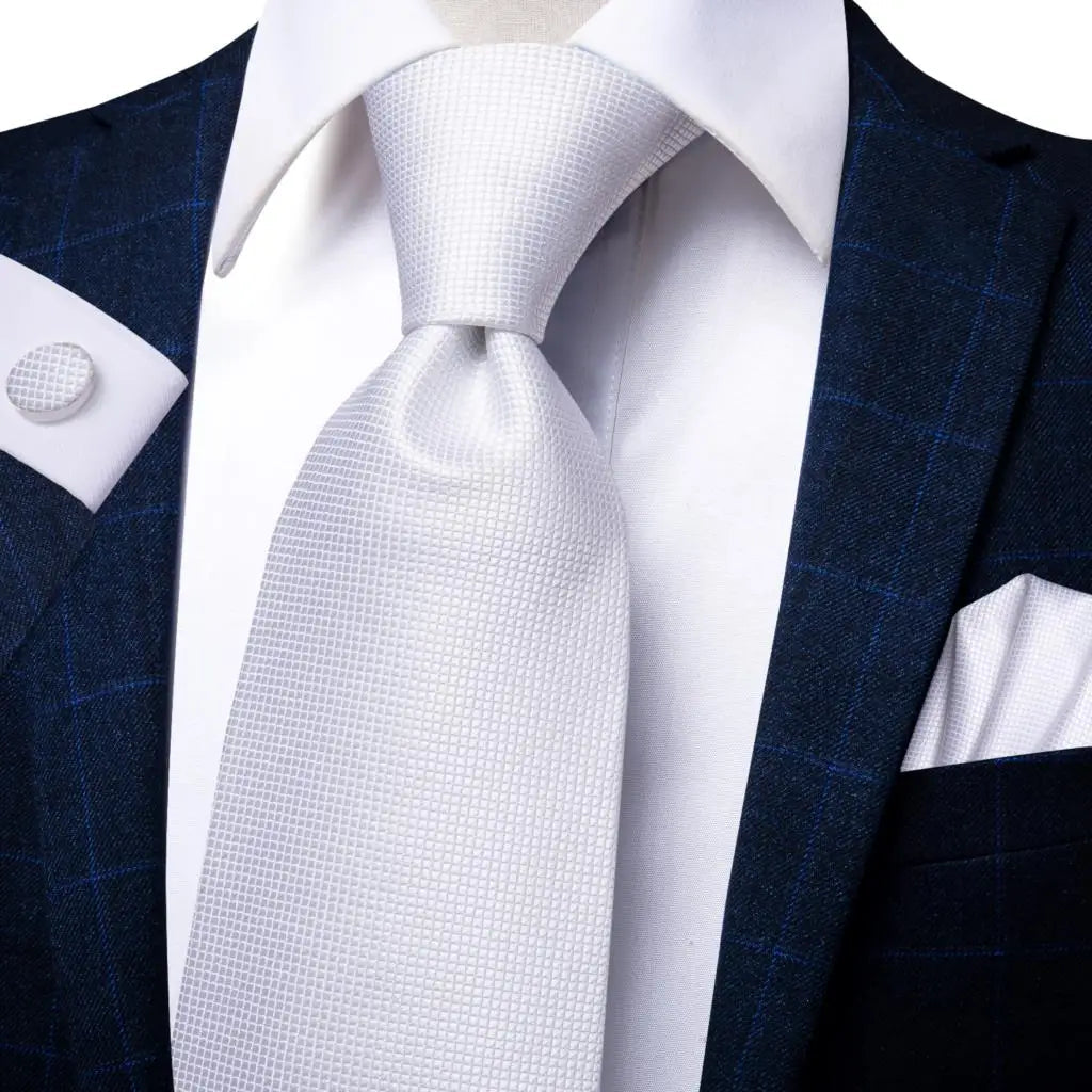 Men's Ties White Sliver Hanky Cufflinks Set Silk Neck ties For Men Wedding Party Business Mens Tie 2022 New Fashion Brand Hi-Tie Good Vibrations