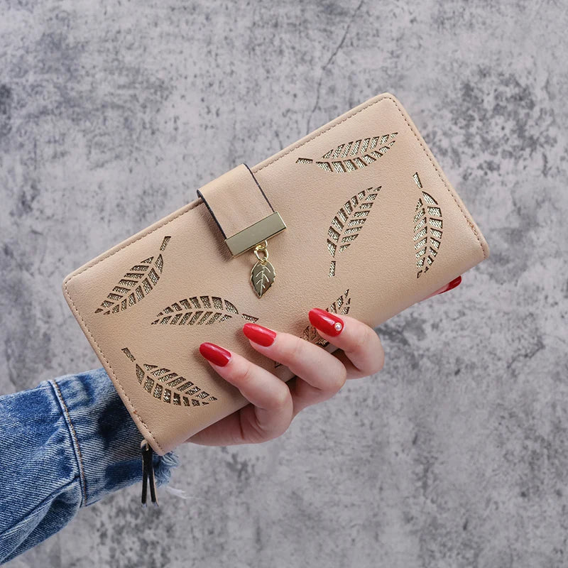 2024 new women's purse sweet lady PU leather horizontal zipper women's medium long hollow leaf purse Good Vibrations