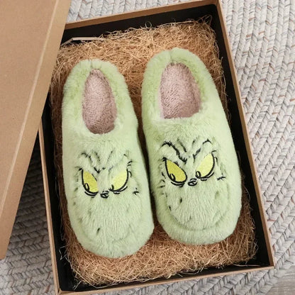 Christmas Plush Slippers Women Winter Warm Cute Home Green Haired Monster Slippers Funny Non Slip Cotten Shoes New Year Gift Good Vibrations