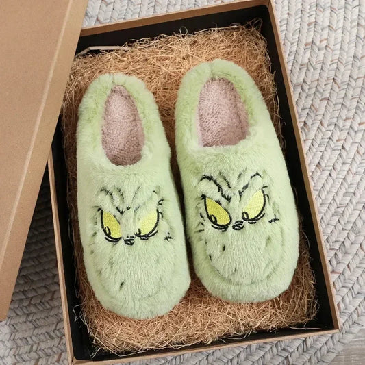 Christmas Plush Slippers Women Winter Warm Cute Home Green Haired Monster Slippers Funny Non Slip Cotten Shoes New Year Gift Good Vibrations