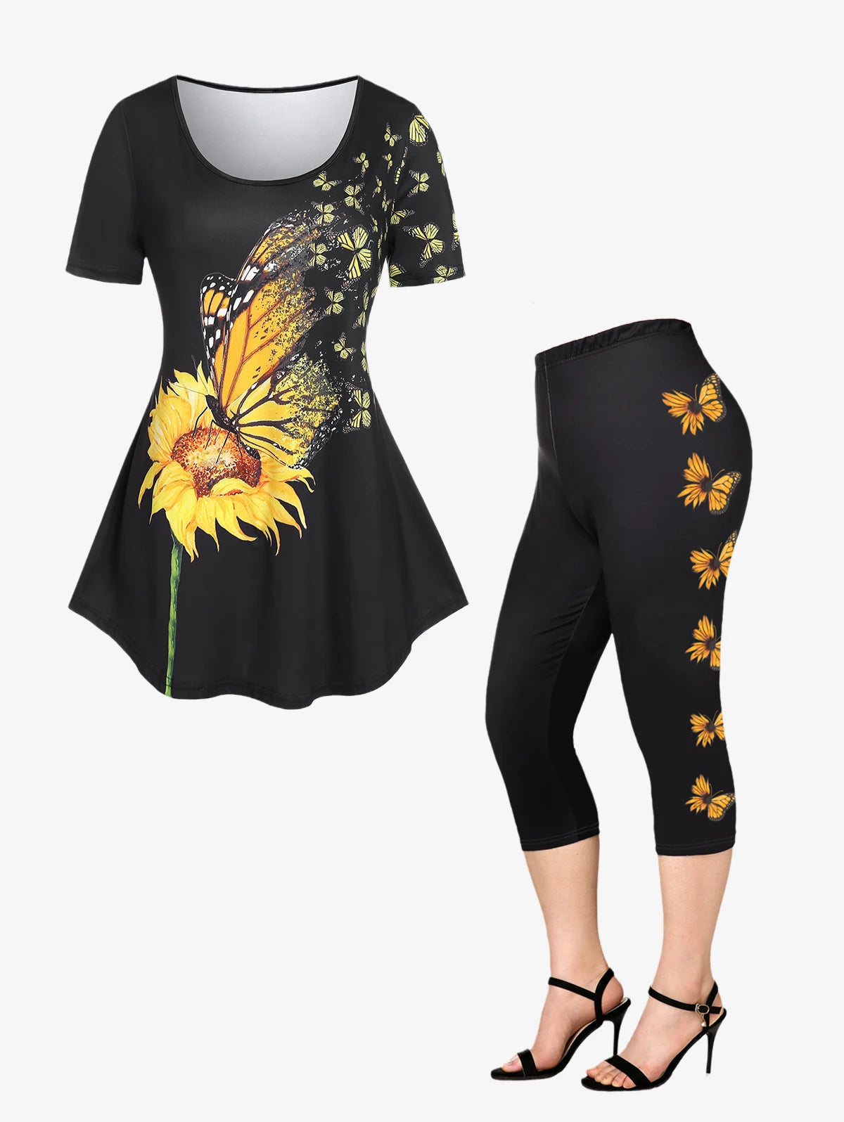 ROSEGAL Plus Size 3D Printed Outfit Female Colorblock Suit Floral Graphic Tee And Capri Leggings Size Is Too Large Matching Set Good Vibrations