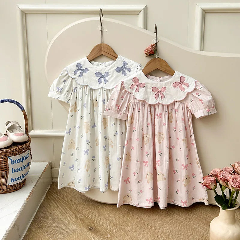Girls Dress Children's Clothing Bow Embroidered Flower Collar Girls' Dress Summer Cartoon Printed Short Sleeved Princess Dress Good Vibrations