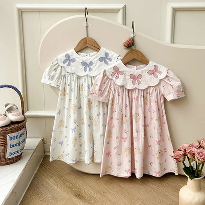 Girls Dress Children's Clothing Bow Embroidered Flower Collar Girls' Dress Summer Cartoon Printed Short Sleeved Princess Dress Good Vibrations