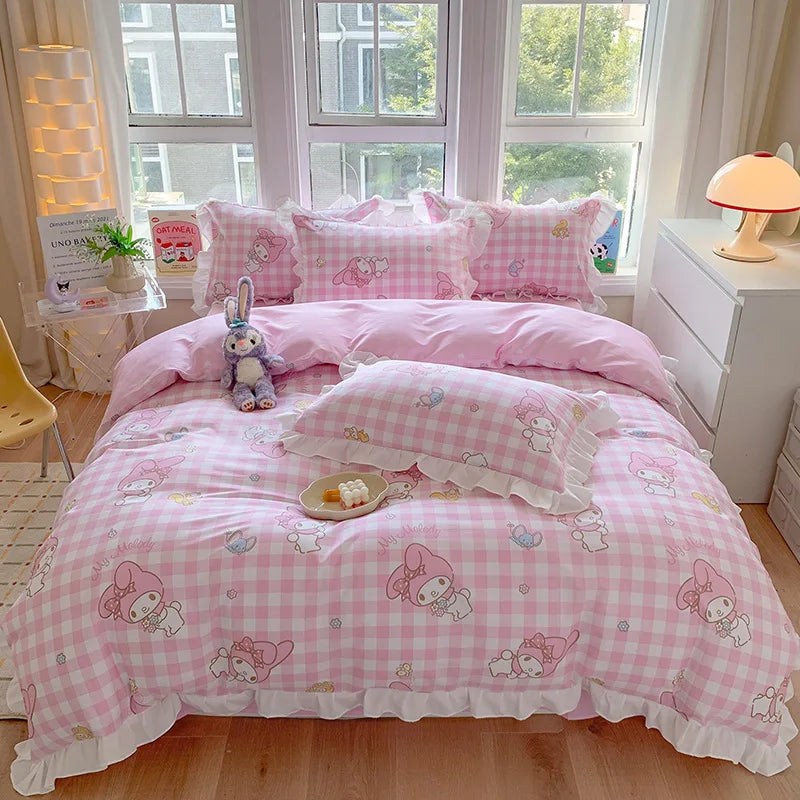 Sanrio Kids Bedding Set Kuromi Cinnamoroll Mymelody Duvet Cover Bed Sheet Pillowcase Bedsheet Double Single King Queen Twin Size Good Vibrations