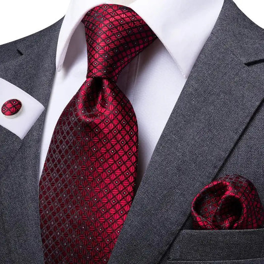 Hi-Tie Designer Red Burgundy Plaid Silk Wedding Tie For Men Handky Cufflink Gift Mens Necktie Fashion Business Party Dropshiping Good Vibrations
