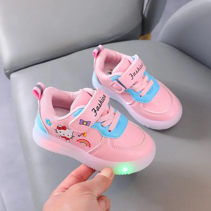 Sanrio LED Kids Shoes for Girls Cute Cartoon Hello Kitty Shoes Summer Girl Kawaii Shoes Soft Bottom Sneakers Casual Shoes Good Vibrations
