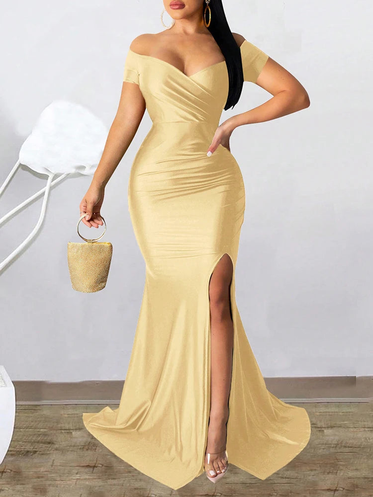 Classic High Slit Evening Dress Women Solid Maxi Long Dresses With Sleeves Wedding Bridesmaid Elegant Party Dresses 2025 Woman Good Vibrations
