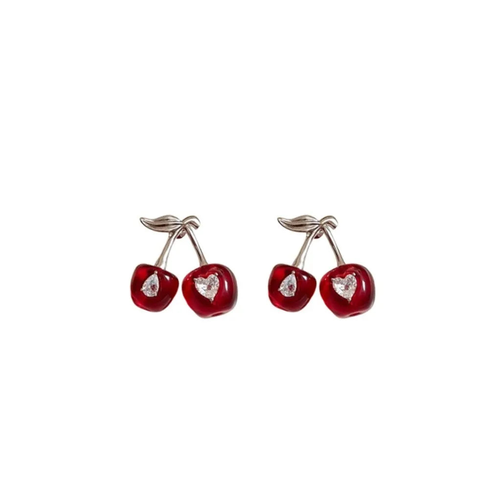 Exquisite Heart Cherry Jewelry Set Pendant Vintage Cherry Necklace Chic Elegant Crystal Ear Studs Gift Good Vibrations