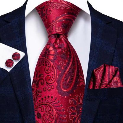 Hi-Tie Designer Red Burgundy Plaid Silk Wedding Tie For Men Handky Cufflink Gift Mens Necktie Fashion Business Party Dropshiping Good Vibrations