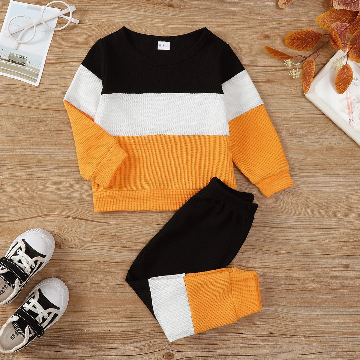 2PCS Kids Boy Clothing Set Fashion Color Block Long Sleeve Top+Pants Spring&Autumn Handsome Sports Outfit for Children 1-6 Years Good Vibrations