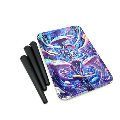 Rolling tray 18x12.5cm with colorful design, metal tin box, cigarette accessories.