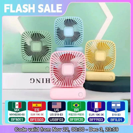 Mini handheld USB fan in pastel colors for portable cooling, quiet operation, and three adjustable speeds.