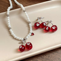 Exquisite Heart Cherry Jewelry Set Pendant Vintage Cherry Necklace Chic Elegant Crystal Ear Studs Gift Good Vibrations