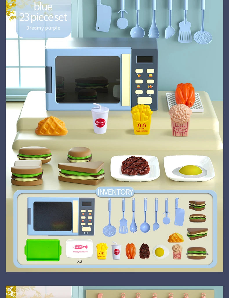 Toy Microwave Oven Playset with Light and Sound, Toy kitchen Appliances for Kids, Play kitchen accessories and Toy Food for Kids Good Vibrations