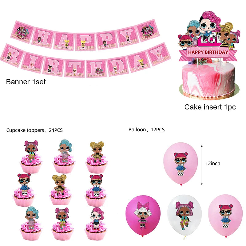 Girl Surprise Theme Backdrop Cute Shiny Doll Birthday Party Decoration Pink Latex Balloon Disposable Tableware Plate Cake Topper Good Vibrations