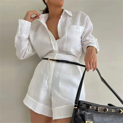 2026 New Short Sets Women Shirts Long Sleeve Cotton Linen Loose Blouse High Waist Shorts Suit Summer 2 Piece Sets Womens Outfits Good Vibrations