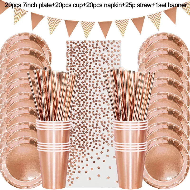 Rose Gold Party Disposable Tableware Set Paper Plate Cup Kids Adult Birthday Wedding Bachelorette Party Decoration Baby Shower Good Vibrations