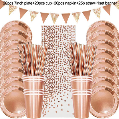 Rose Gold Party Disposable Tableware Set Paper Plate Cup Kids Adult Birthday Wedding Bachelorette Party Decoration Baby Shower Good Vibrations